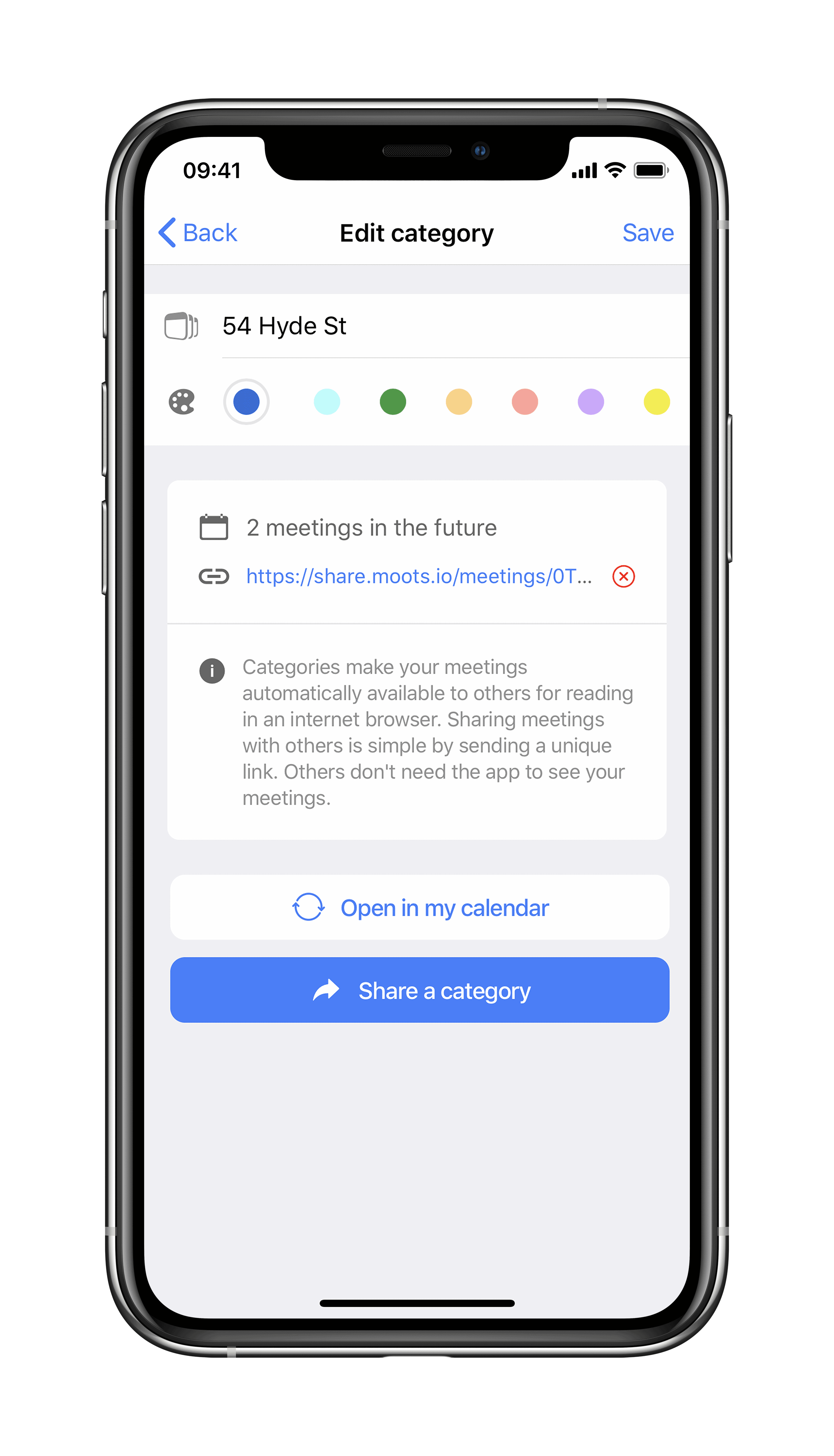 An iPhone showing how to share an event category in the Toldu app.