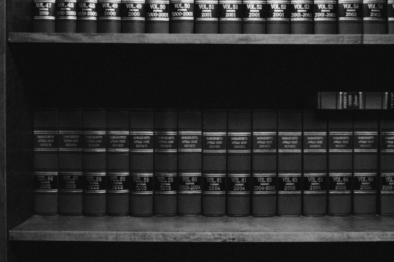 Shelves of bound law reports in a legal library