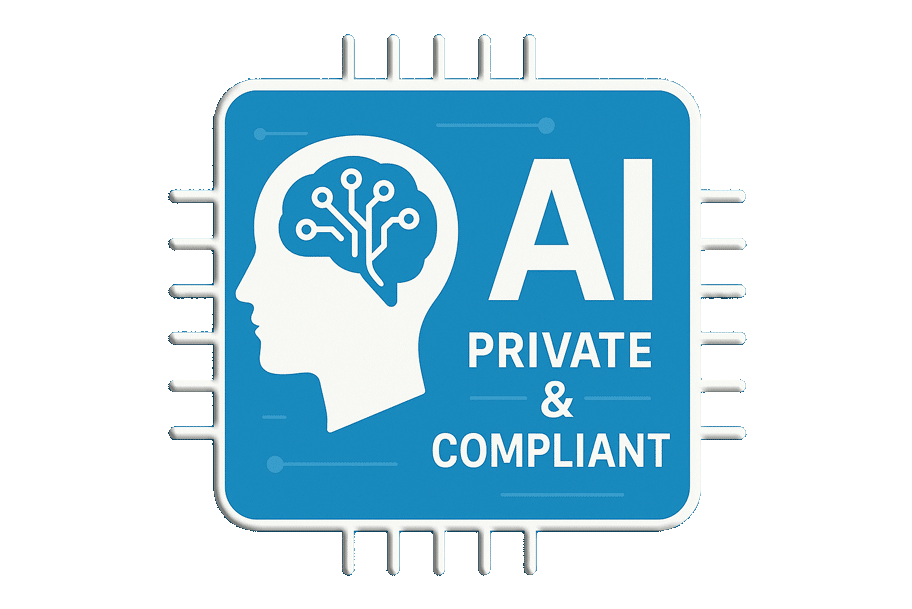 A flat vector illustration of a white human head silhouette with a stylised circuit brain, set inside the outline of a microchip on a blue background. Large white text to the right reads “AI” with smaller text below stating “PRIVATE & COMPLIANT”. Circuit-like lines and nodes extend outward from the microchip shape, reinforcing the technology theme.